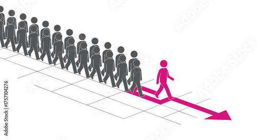 Individual leading a group of people following a path towards future success
