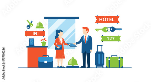 Hotel Receptionist Welcoming Guest with Luggage for Check In Service