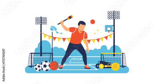 Young Athlete Practices Cricket Swing on Sports Field Surrounded by Balls and Banners