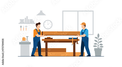 Skilled Carpenters Working Together in a Well-Equipped Woodworking Workshop