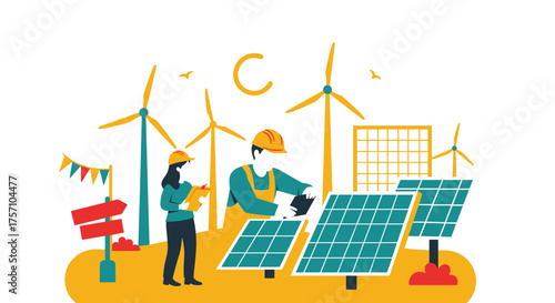Workers Installing Solar Panels and Wind Turbines for Clean Energy Production