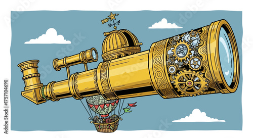 Steampunk Telescope with Gears and Balloon, Fantasy Invention Illustration.