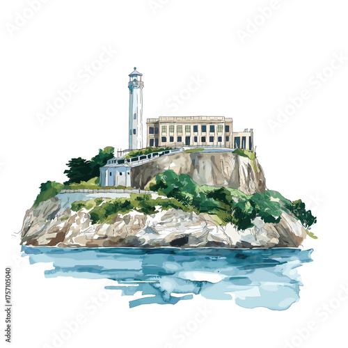 Alcatraz Island. Alcatraz Island hand drawn watercolor illustration