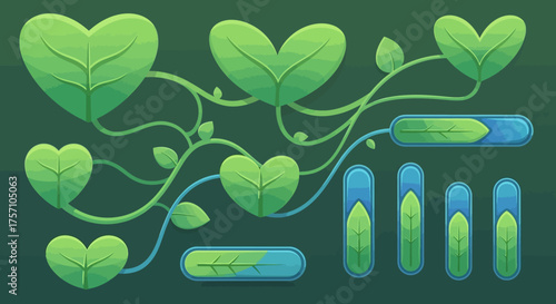 Stylized Green Leaf Hearts and Progress Bars for Game UI.