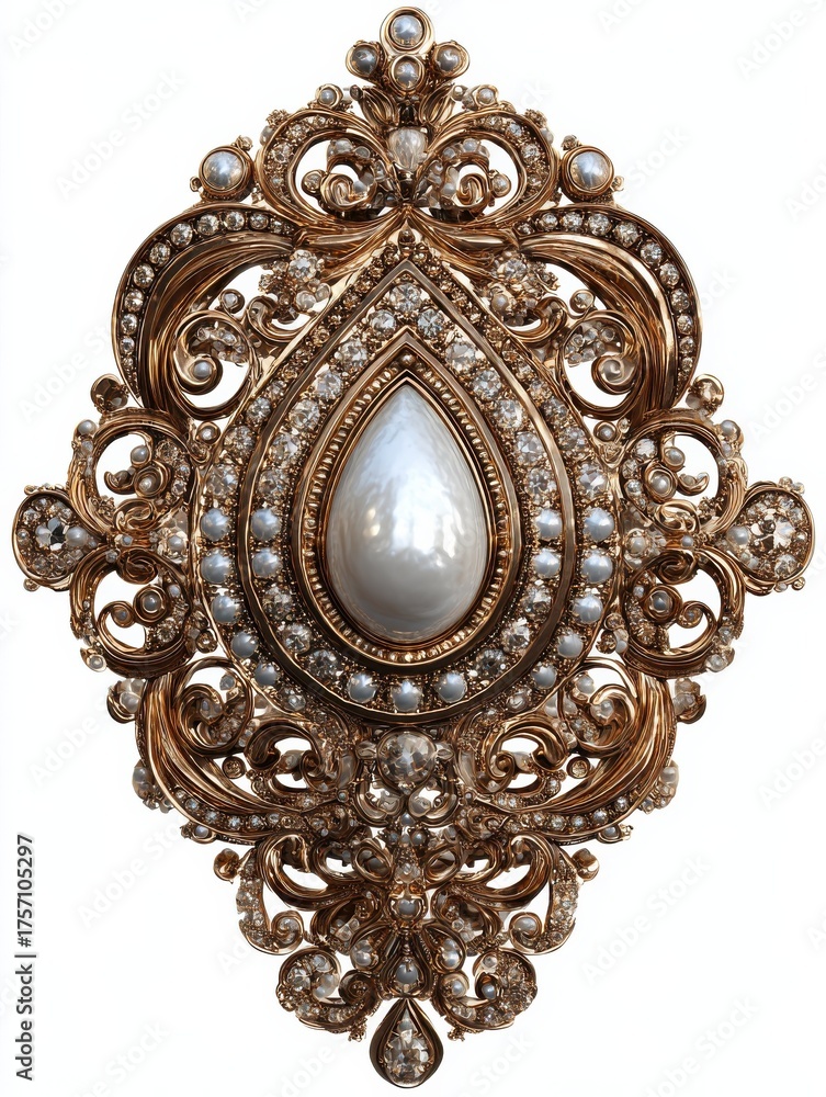 Fototapeta premium ornate antique pearl and diamond brooch isolated on transparent background