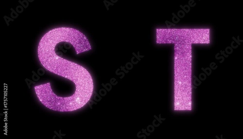 Pink glitter alphabets S and T with alpha channel transparent background, shiny sparkling shimmer glowing letters