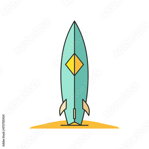 Stylized Surfboard Illustration with Fins and Diamond Accent on Beach.