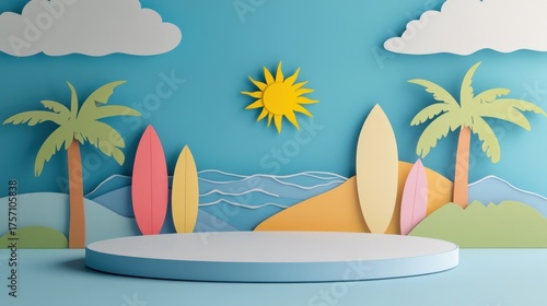 Summer beach scene with surfboards and podium; product display
