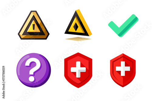 Collection of Flat Design Web Icons Including Warning Sign Check Mark and Question Mark for User Interface Design