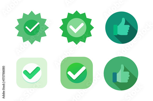 Green Verification Check Mark Icons Thumbs Up Symbols for Social Media and Web Approval Confirmation on White Background