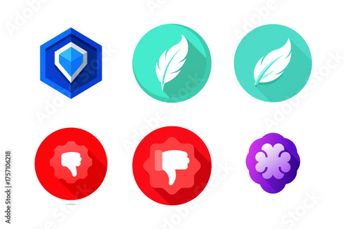 Set of colorful vector icons shield feather thumb down and clover for design and web development usage