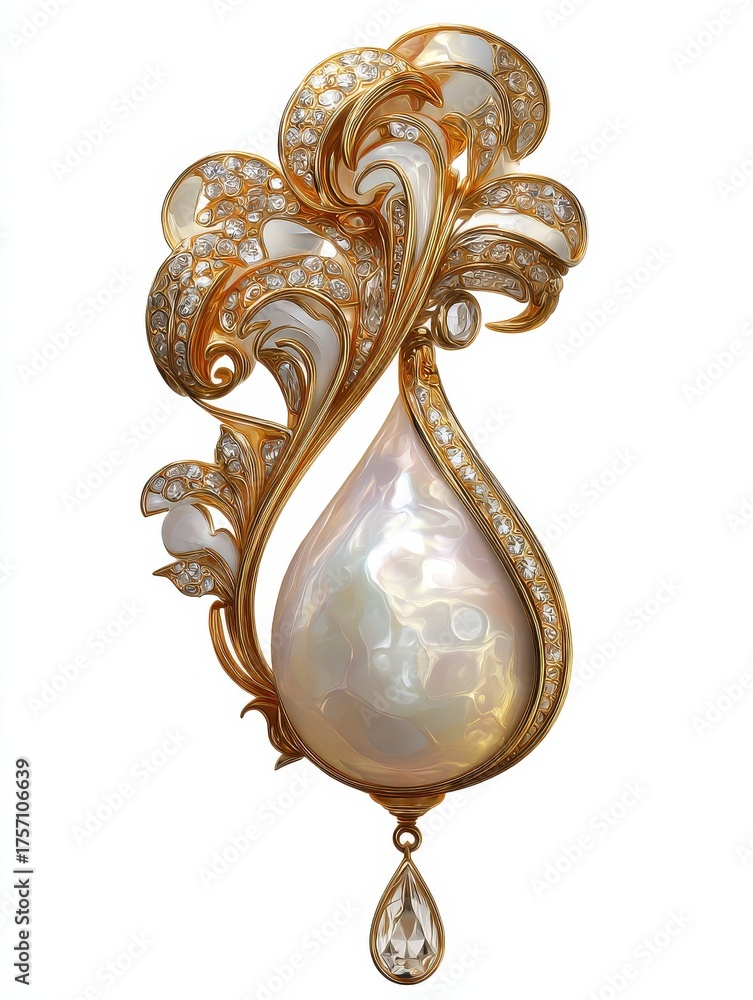 Naklejka premium ornate antique pearl and diamond brooch isolated on transparent background