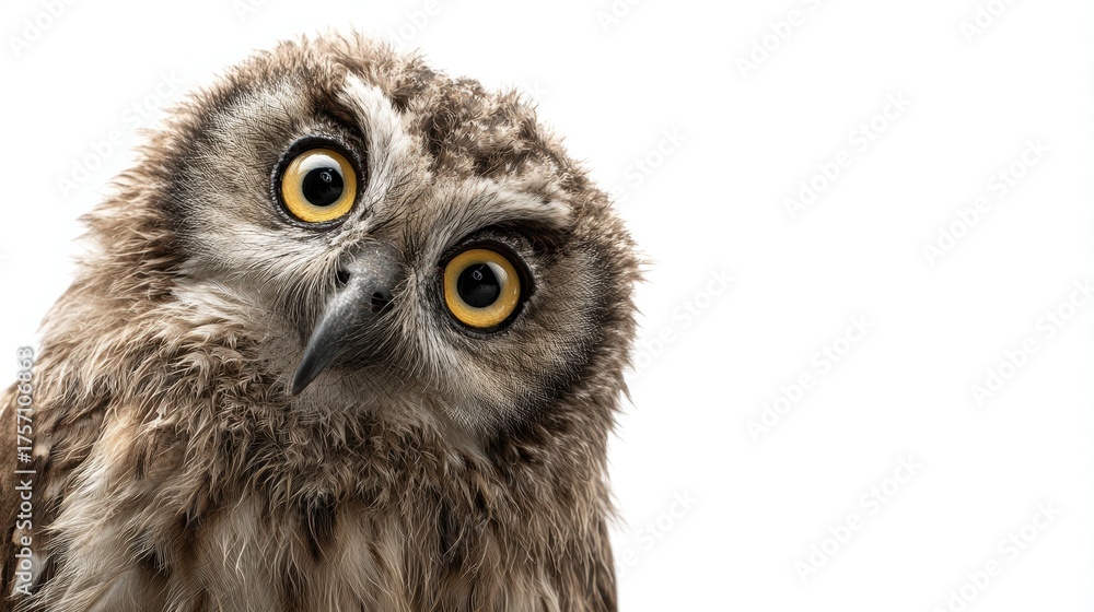 Obraz premium Adorable young owl with fluffy feathers and large golden eyes tilting head curiously against clean white background in studio portrait
