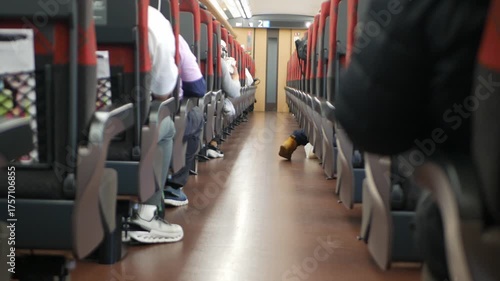 interior view inside Highspeed bullet train full with passenger sitting in train commuters while train moving running in high speed,japan public train transportation from inside