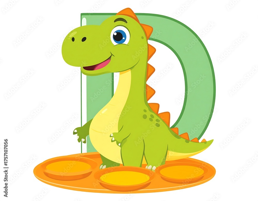 Fototapeta premium A cute cartoon dinosaur stands smiling, framed by a giant green letter 