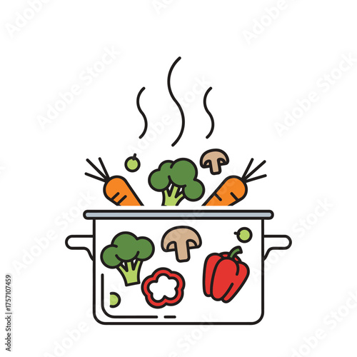 Vegetable Stew Illustration with Carrots, Broccoli, Mushrooms, and Peppers.