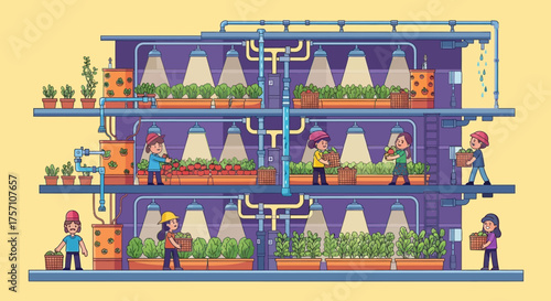 Vertical Farming Illustration with People and Plants in a Building.