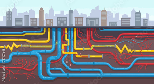 Underground Utility Infrastructure Network with Pipes and Cables.