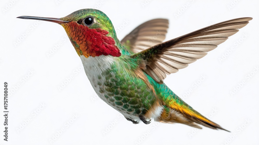 Fototapeta premium Vibrant ruby-throated hummingbird in flight with iridescent green and red plumage, wings spread against white background. Perfect for nature and wildlife themes