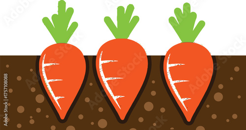 Freshly grown carrots peeking out of the ground, symbolizing organic farming, healthy eating, and the joys of gardening in a playful design.