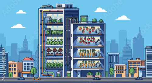 Vertical Farming in Urban Building, Sustainable Agriculture Concept, Pixel Art.