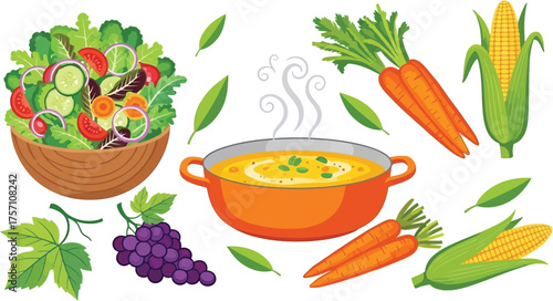 Enjoy fresh, vibrant, healthy eating with this delightful salad, steaming hot soup, juicy grapes, sweet corn, and crisp carrots arrangement