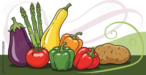Fresh vegetables like asparagus, eggplant, peppers, tomato, squash, and potato offer a vibrant bounty of healthy eating options in this colorful arrangement
