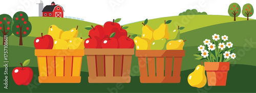 Baskets overflowing with ripe apples and pears in a charming countryside scene, perfect for autumn harvest celebrations and healthy eating campaigns