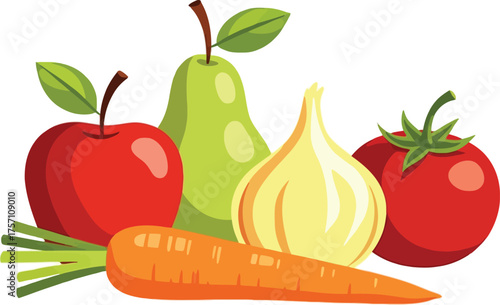 Fresh vibrant cartoon vegetables and fruit illustration for healthy eating promotion and nutrition education materials with an apple, pear and carrot