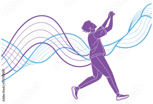 Athletic Runner Illustration with Flowing Digital Sound Wave Lines