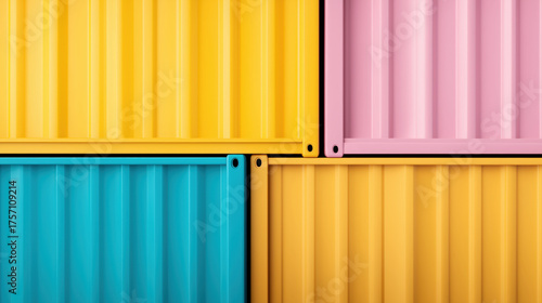 Colorful shipping container wall with yellow, pink, and blue panels creating vibrant and geometric industrial pattern