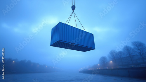 Shipping container lifted by crane over foggy river at dusk with moody blue light and bare trees along shore