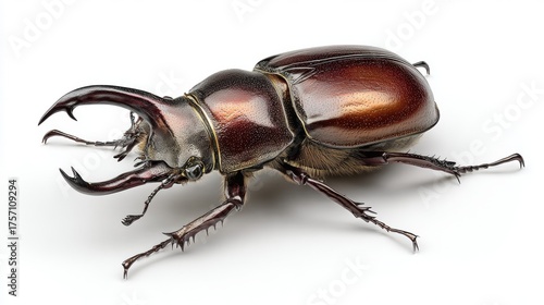 Male stag beetle with large mandibles and glossy brown exoskeleton isolated on white background. Natural history specimen showing detailed anatomy and texture
