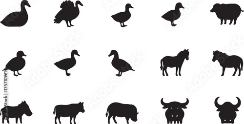  farm animal icons, cow vector, goat icon, sheep illustration, horse vector, pig symbol, village animals, agriculture livestock, animal farming, black vector
