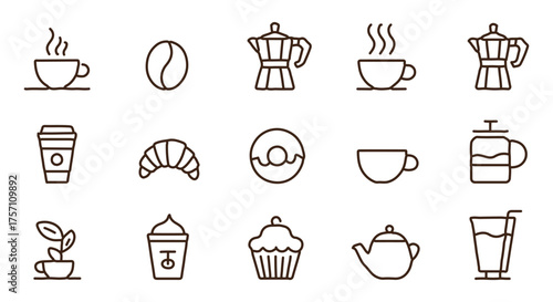 Brown Line Icons of Coffee and Breakfast Items — Cup, Croissant, Donut, Moka Pot