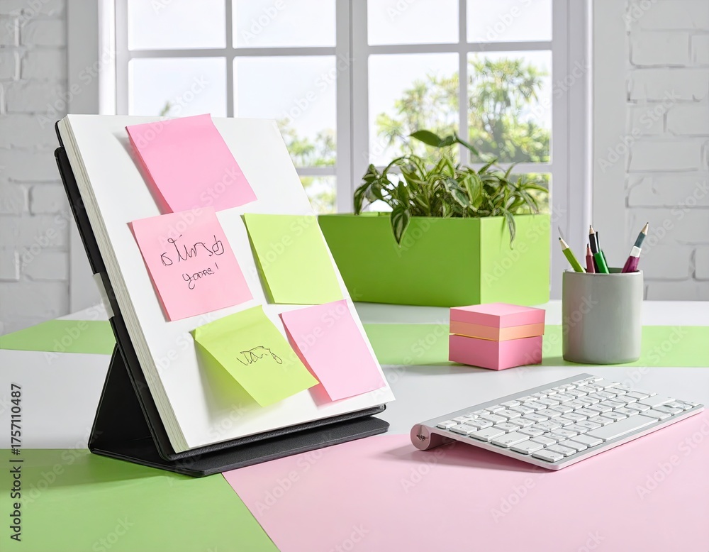 Obraz premium Desk scene Notes, keyboard, plant, serene, colorful