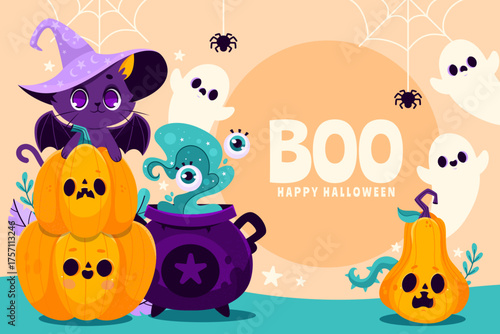 Cute Halloween background with pumpkins ghosts and potions in cartoon style