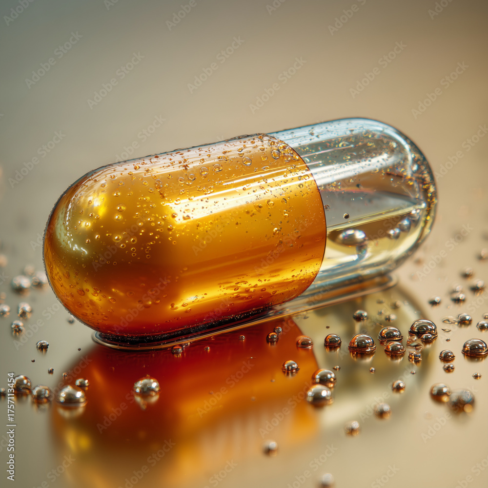 Fototapeta premium Amber Transparent Capsule with Water Droplets – Future Medicine Innovation Concept