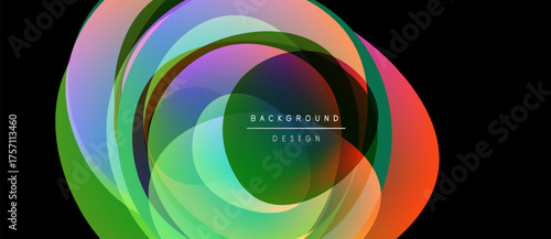 Abstract colorful layers create dynamic oval shape. Vibrant hues blend, forming modern background design. Smooth gradients suggest movement.