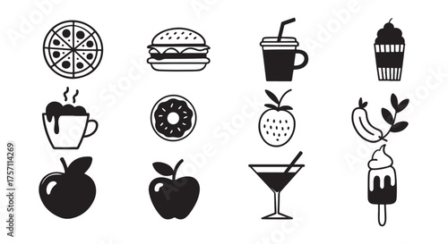 Black and White Icons of Popular Food and Drink — Pizza, Burger, Coffee, Dessert