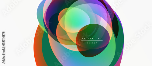 Abstract colorful layers create dynamic circular design. Vibrant hues blend, forming modern background element. Smooth gradients offer visual interest.