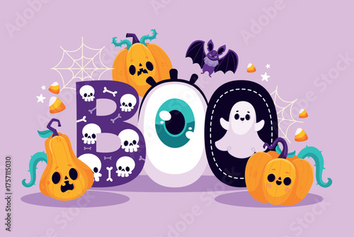BOO Halloween illustration with pumpkins ghosts and bats in cartoon style