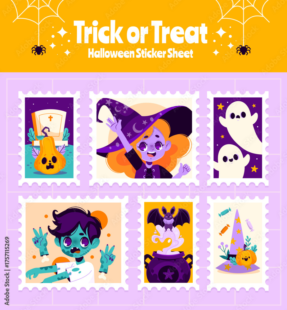 Fototapeta premium Halloween sticker sheet with ghosts witches and pumpkins in cartoon style