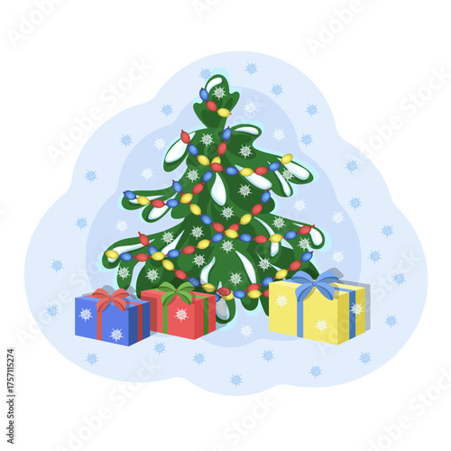 A Christmas tree decorated with garlands and gifts. Vector illustration for Christmas cards and designs.
