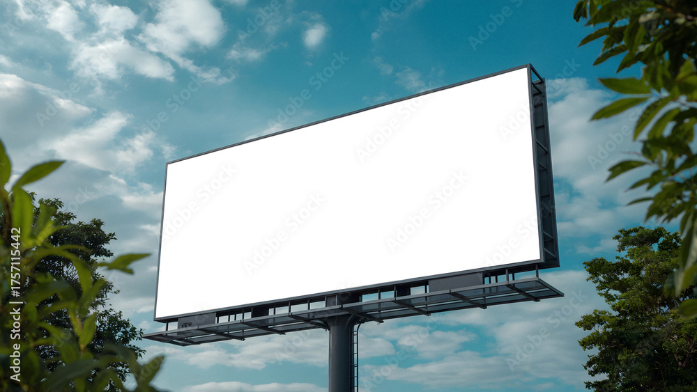 Fototapeta premium Stunning blank billboard awaits your impactful advertising message against a vibrant sky with lush green foliage framing the scene