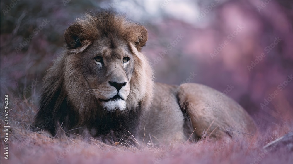 Fototapeta premium Majestic male lion with a full mane rests peacefully in a dry colorful savanna landscape with soft pink and purple hues