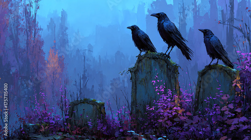 Crows perched atop three tombstones in the foggy forest, creating an eerie, creepy, dark art magazine aesthetic. Hues of lavender and blue background with purple skies
