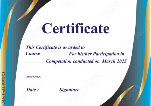 Certificate of achievement with decorative blue and gold swirls and official seal for recognition and award