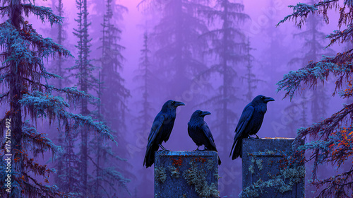 Crows perched atop three tombstones in the foggy forest, creating an eerie, creepy, dark art magazine aesthetic. Hues of lavender and blue background with purple skies