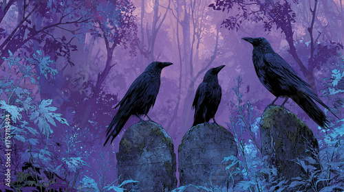Crows perched atop three tombstones in the foggy forest, creating an eerie, creepy, dark art magazine aesthetic. Hues of lavender and blue background with purple skies